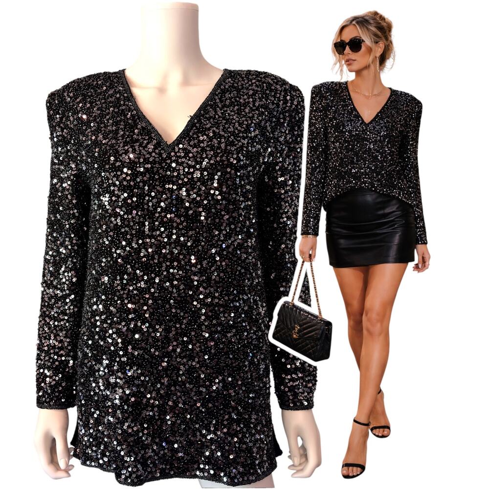 Scala Sequin Silk Tunic Size Small Black Silver Beaded Glam Disco Evening Party